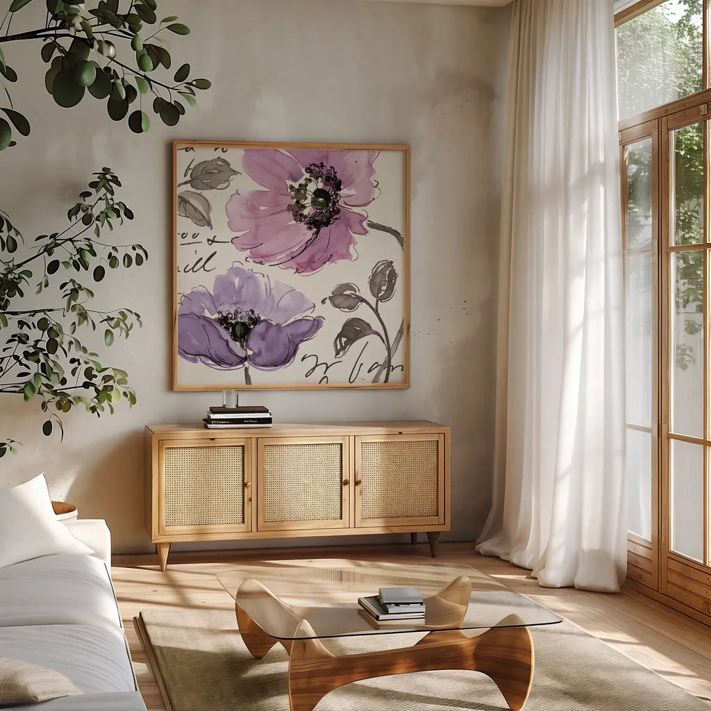 Floral Waltz Plum I by Pela Studio. Shown in a natural wood frame in a cozy modern living room. Available as an archival giclee rolled canvas, fine art paper, or poster print. SKU 8095a.