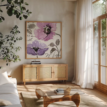 Floral Waltz Plum I by Pela Studio. Shown in a natural wood frame in a cozy modern living room. Available as an archival giclee rolled canvas, fine art paper, or poster print. SKU 8095a.