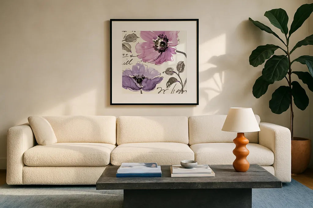 Floral Waltz Plum I by Pela Studio. Displayed in a glass frame with matte in a clean modern living room. Available as an archival giclee rolled canvas, fine art paper, or poster print. SKU 8095a.