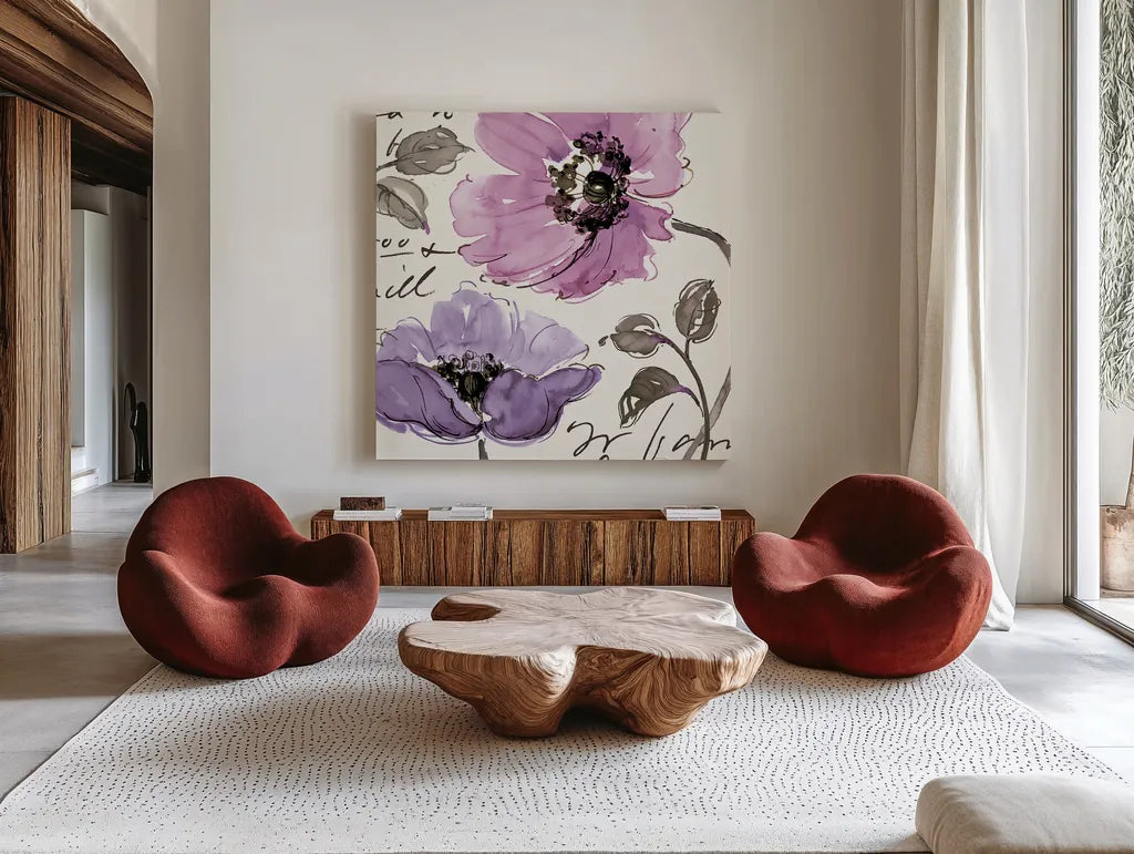 Floral Waltz Plum I by Pela Studio. Shown as extra-large giant wall art in a modern living room. Available as an archival giclee rolled canvas, fine art paper, or poster print. SKU 8095a.