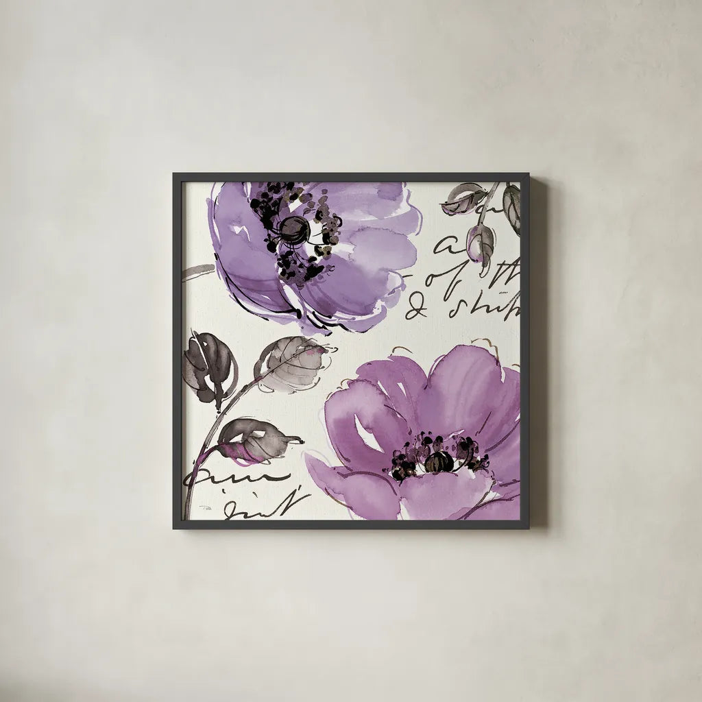 Floral Waltz Plum II by Pela Studio. Shown in a sleek black glass frame for a contemporary gallery look. Available as an archival giclee rolled canvas, fine art paper, or poster print. SKU 8096a.