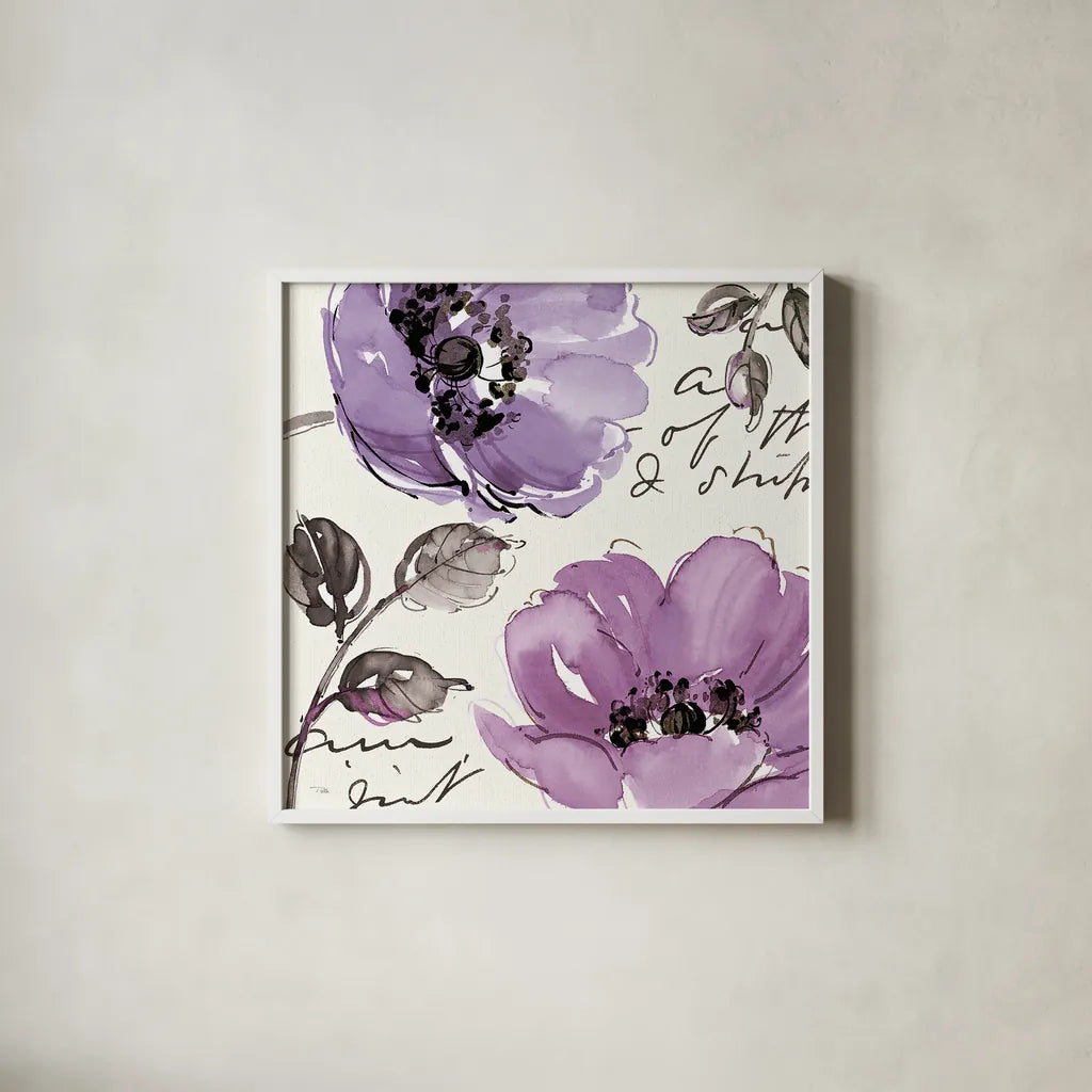 Floral Waltz Plum II by Pela Studio. Shown in a crisp white glass frame for a clean and minimalist style. Available as an archival giclee rolled canvas, fine art paper, or poster print. SKU 8096a.