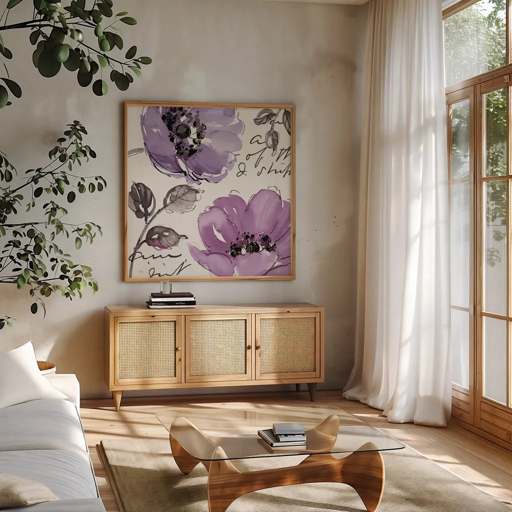 Floral Waltz Plum II by Pela Studio. Shown in a natural wood frame in a cozy modern living room. Available as an archival giclee rolled canvas, fine art paper, or poster print. SKU 8096a.
