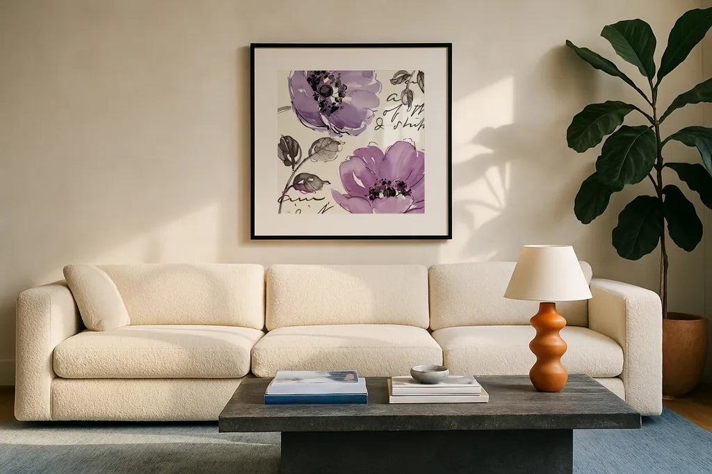 Floral Waltz Plum II by Pela Studio. Displayed in a glass frame with matte in a clean modern living room. Available as an archival giclee rolled canvas, fine art paper, or poster print. SKU 8096a.