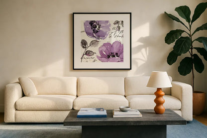 Floral Waltz Plum II by Pela Studio. Displayed in a glass frame with matte in a clean modern living room. Available as an archival giclee rolled canvas, fine art paper, or poster print. SKU 8096a.