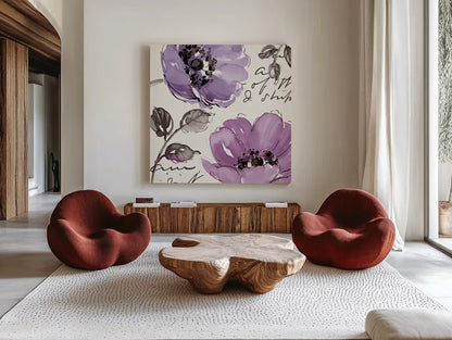 Floral Waltz Plum II by Pela Studio. Shown as extra-large giant wall art in a modern living room. Available as an archival giclee rolled canvas, fine art paper, or poster print. SKU 8096a.