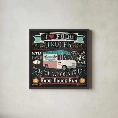 Food Truck Fan I by Pela Studio. Shown in a sleek black glass frame for a contemporary gallery look. Available as an archival giclee rolled canvas, fine art paper, or poster print. SKU 21664a.