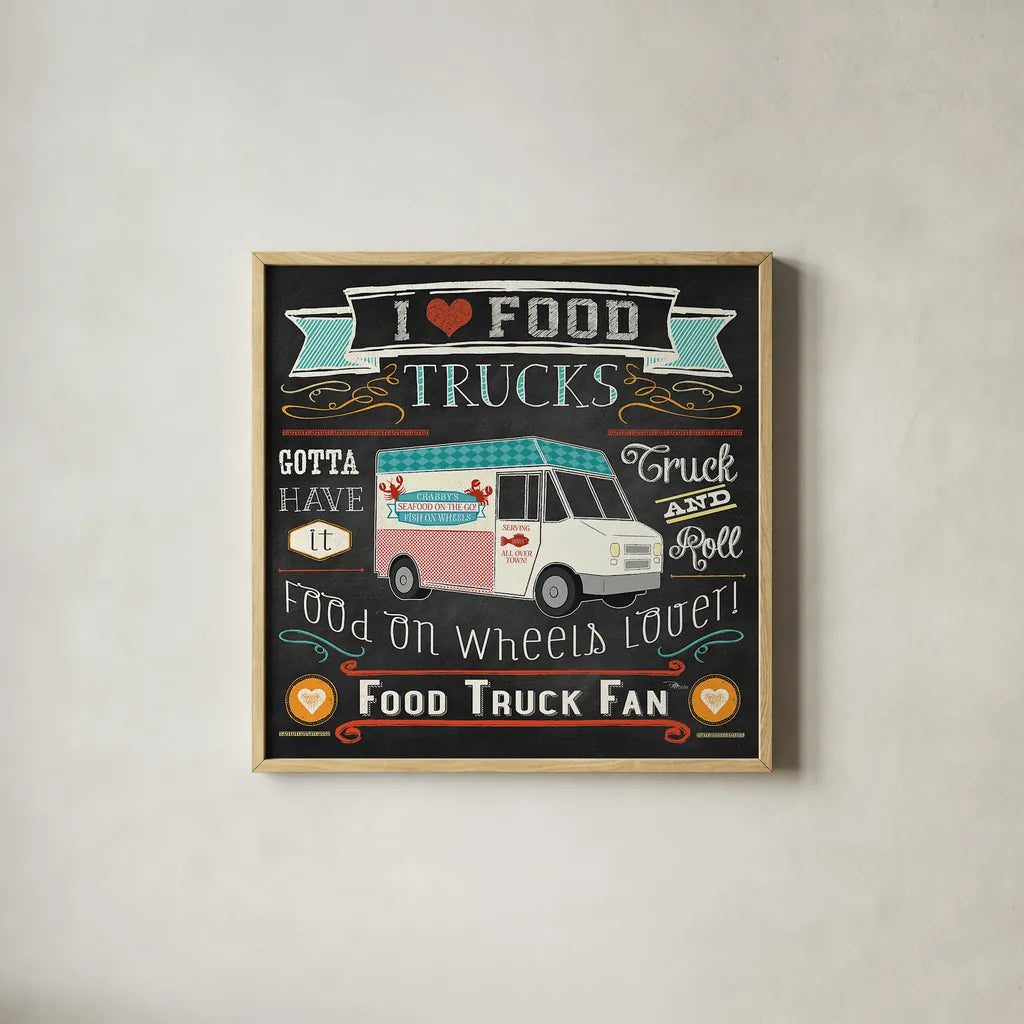 Food Truck Fan I by Pela Studio. Shown in a natural wood glass frame for a timeless modern aesthetic. Available as an archival giclee rolled canvas, fine art paper, or poster print. SKU 21664a.