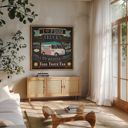 Food Truck Fan I by Pela Studio. Shown in a natural wood frame in a cozy modern living room. Available as an archival giclee rolled canvas, fine art paper, or poster print. SKU 21664a.