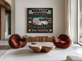 Food Truck Fan I by Pela Studio. Shown as extra-large giant wall art in a modern living room. Available as an archival giclee rolled canvas, fine art paper, or poster print. SKU 21664a.