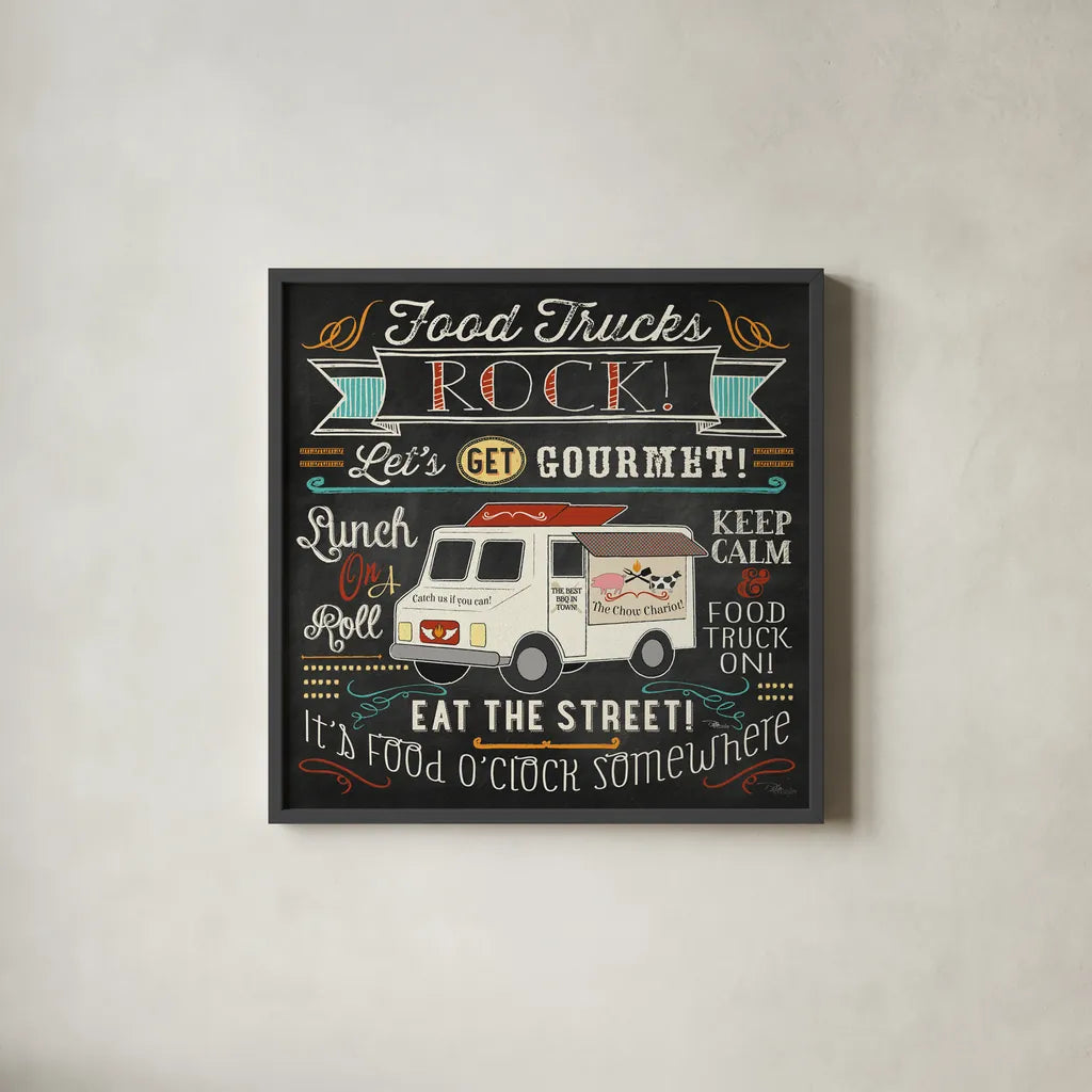 Food Truck Fan II by Pela Studio. Shown in a sleek black glass frame for a contemporary gallery look. Available as an archival giclee rolled canvas, fine art paper, or poster print. SKU 21665a.