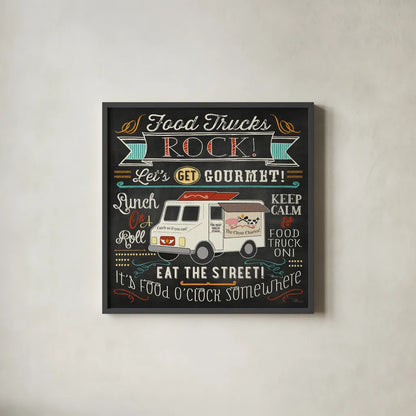 Food Truck Fan II by Pela Studio. Shown in a sleek black glass frame for a contemporary gallery look. Available as an archival giclee rolled canvas, fine art paper, or poster print. SKU 21665a.