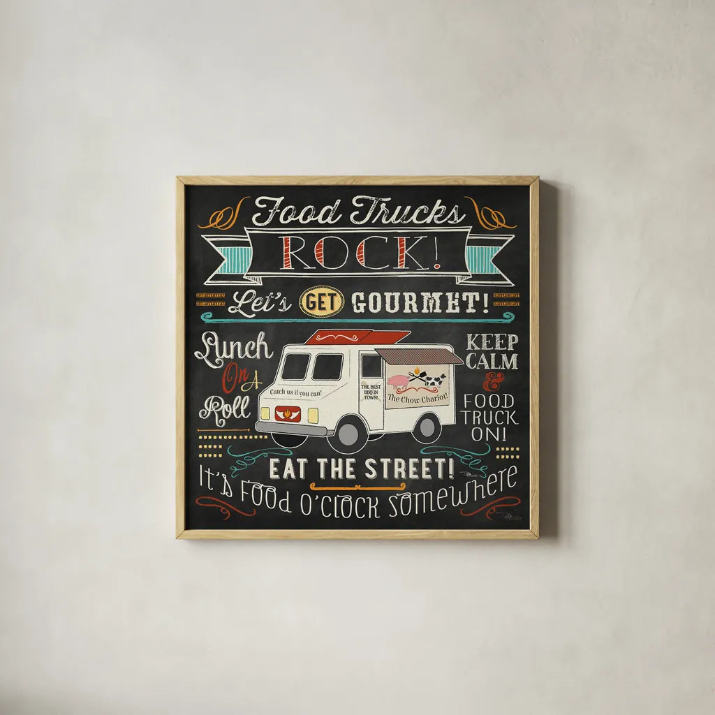 Food Truck Fan II by Pela Studio. Shown in a natural wood glass frame for a timeless modern aesthetic. Available as an archival giclee rolled canvas, fine art paper, or poster print. SKU 21665a.