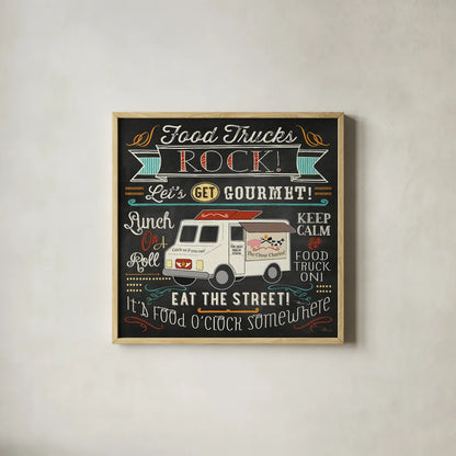 Food Truck Fan II by Pela Studio. Shown in a natural wood glass frame for a timeless modern aesthetic. Available as an archival giclee rolled canvas, fine art paper, or poster print. SKU 21665a.