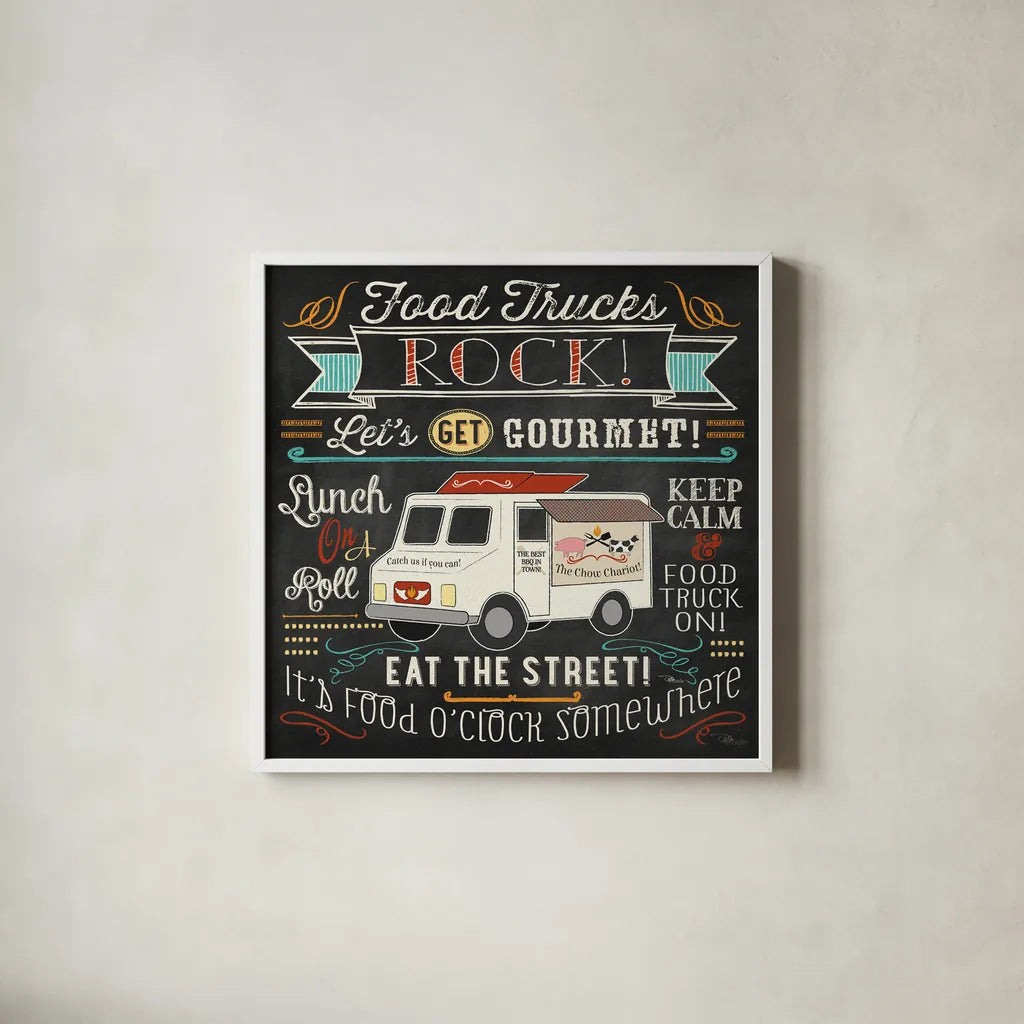 Food Truck Fan II by Pela Studio. Shown in a crisp white glass frame for a clean and minimalist style. Available as an archival giclee rolled canvas, fine art paper, or poster print. SKU 21665a.