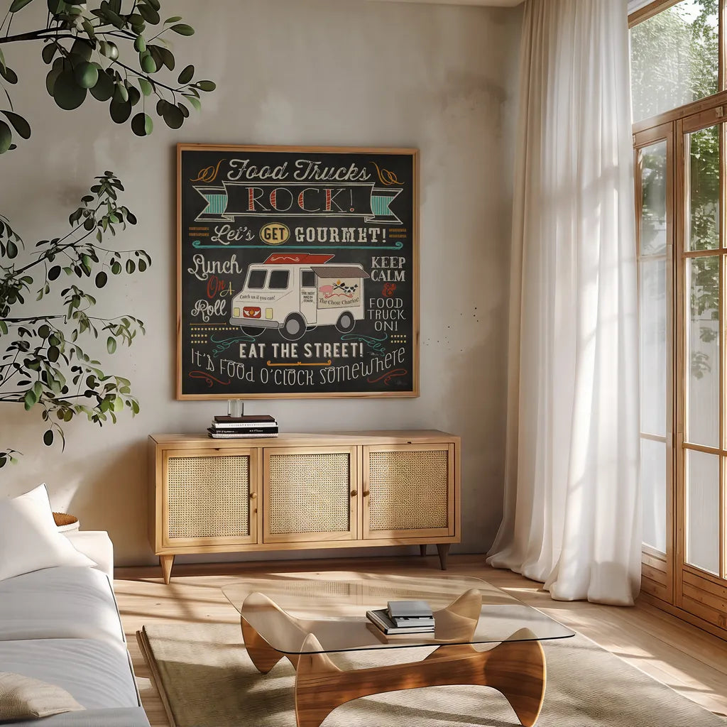 Food Truck Fan II by Pela Studio. Shown in a natural wood frame in a cozy modern living room. Available as an archival giclee rolled canvas, fine art paper, or poster print. SKU 21665a.