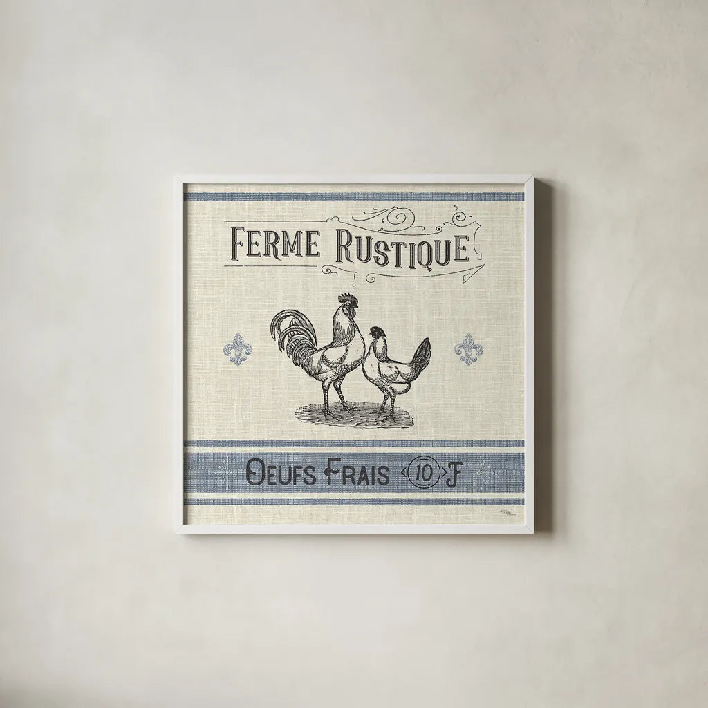 French Farmhouse II by Pela Studio. Shown in a crisp white glass frame for a clean and minimalist style. Available as an archival giclee rolled canvas, fine art paper, or poster print. SKU 45585a.