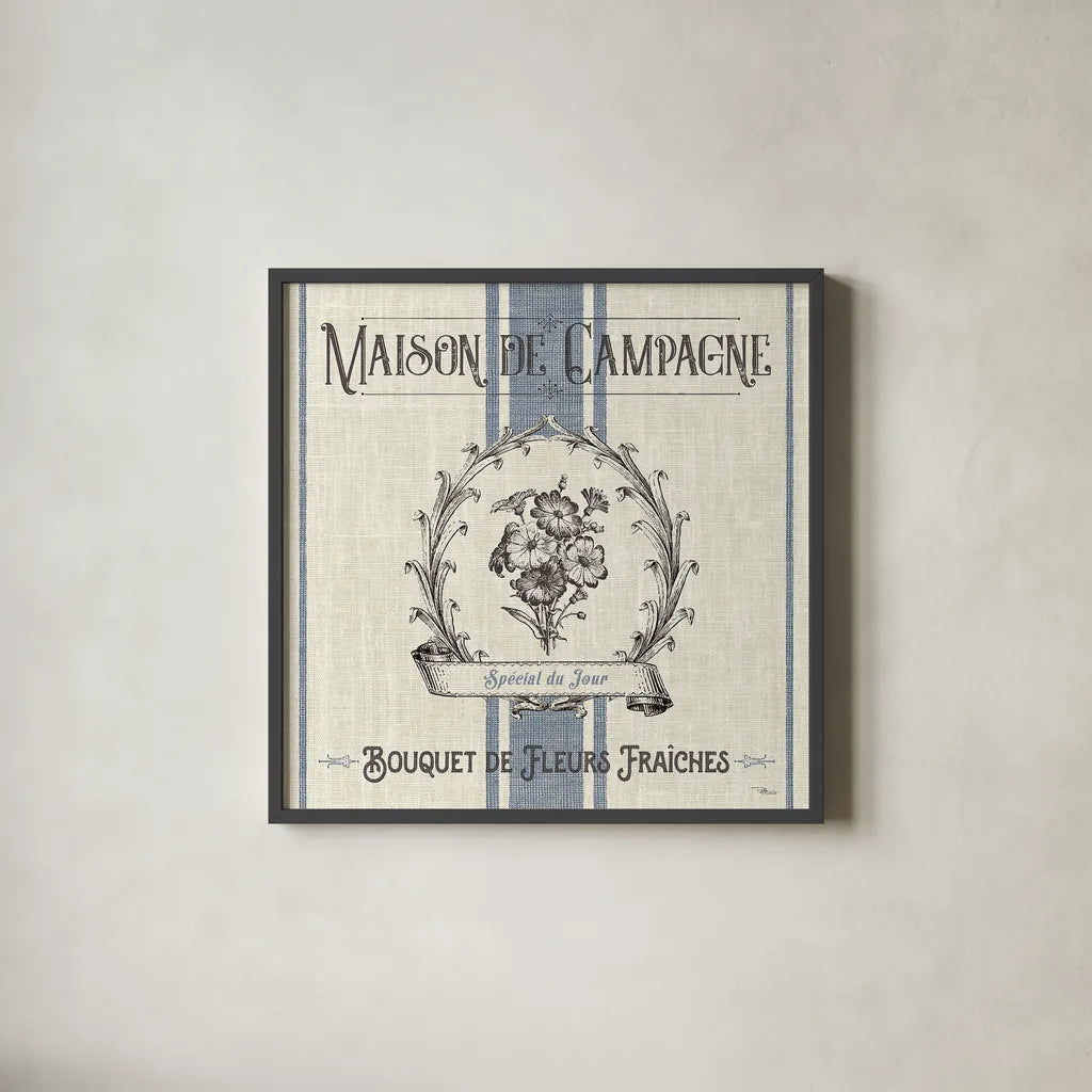 French Farmhouse IV by Pela Studio. Shown in a sleek black glass frame for a contemporary gallery look. Available as an archival giclee rolled canvas, fine art paper, or poster print. SKU 45587a.