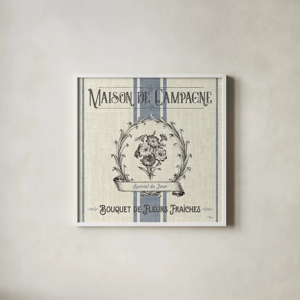 French Farmhouse IV by Pela Studio. Shown in a crisp white glass frame for a clean and minimalist style. Available as an archival giclee rolled canvas, fine art paper, or poster print. SKU 45587a.