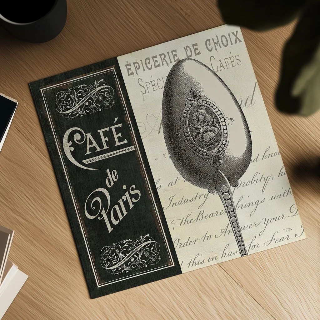 French Menu I by Pela Studio. Shown as a detailed flat fine art print, highlighting archival giclee quality. Available as an archival giclee rolled canvas, fine art paper, or poster print. SKU 6822a.