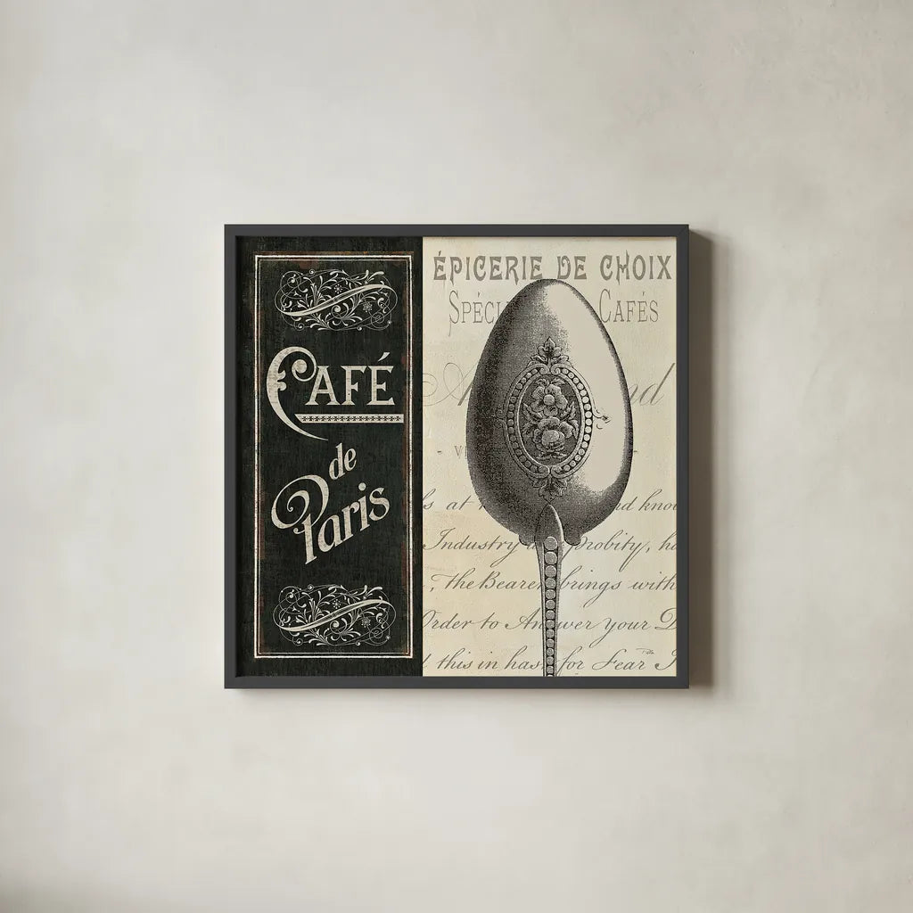 French Menu I by Pela Studio. Shown in a sleek black glass frame for a contemporary gallery look. Available as an archival giclee rolled canvas, fine art paper, or poster print. SKU 6822a.