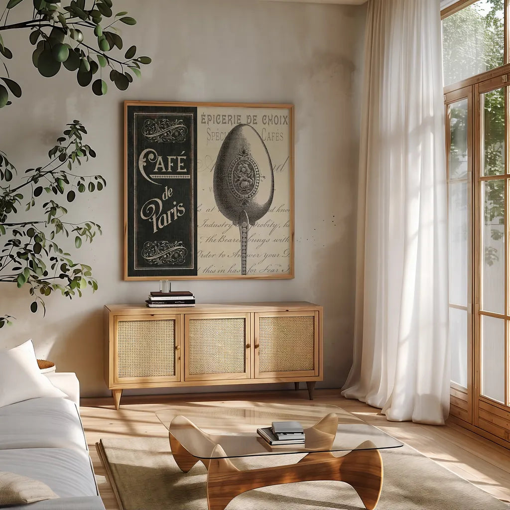 French Menu I by Pela Studio. Shown in a natural wood frame in a cozy modern living room. Available as an archival giclee rolled canvas, fine art paper, or poster print. SKU 6822a.
