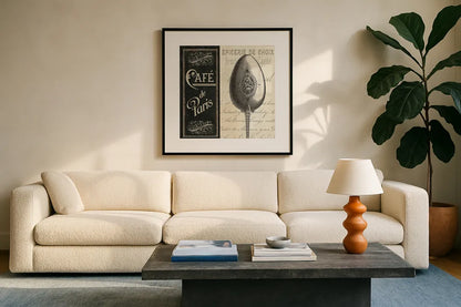 French Menu I by Pela Studio. Displayed in a glass frame with matte in a clean modern living room. Available as an archival giclee rolled canvas, fine art paper, or poster print. SKU 6822a.