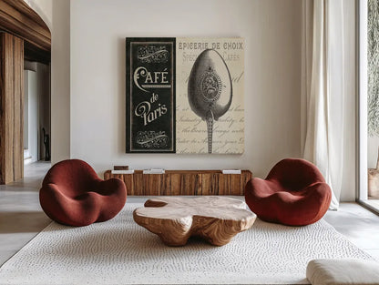 French Menu I by Pela Studio. Shown as extra-large giant wall art in a modern living room. Available as an archival giclee rolled canvas, fine art paper, or poster print. SKU 6822a.