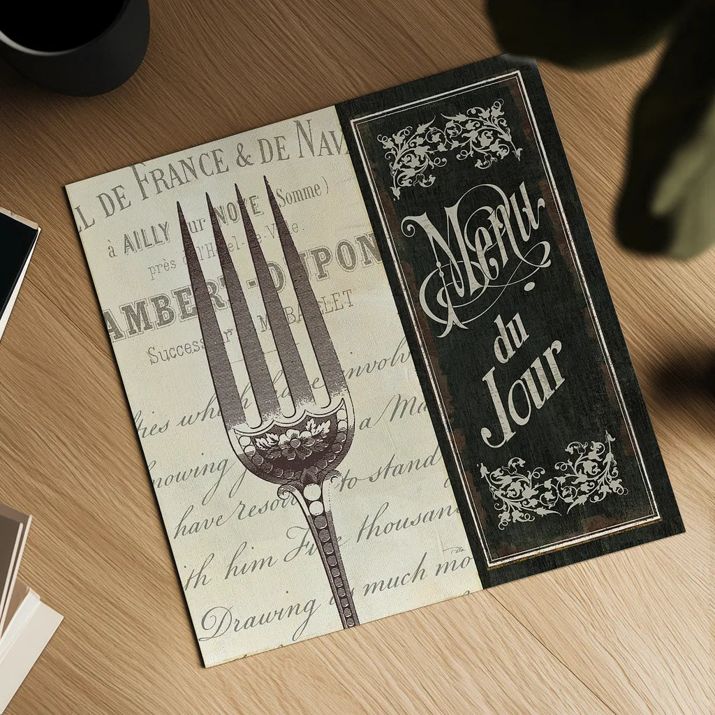 French Menu II by Pela Studio. Shown as a detailed flat fine art print, highlighting archival giclee quality. Available as an archival giclee rolled canvas, fine art paper, or poster print. SKU 6823a.