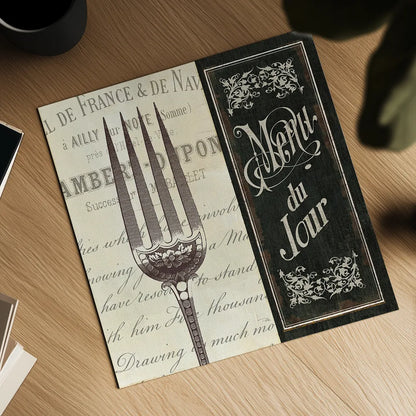French Menu II by Pela Studio. Shown as a detailed flat fine art print, highlighting archival giclee quality. Available as an archival giclee rolled canvas, fine art paper, or poster print. SKU 6823a.
