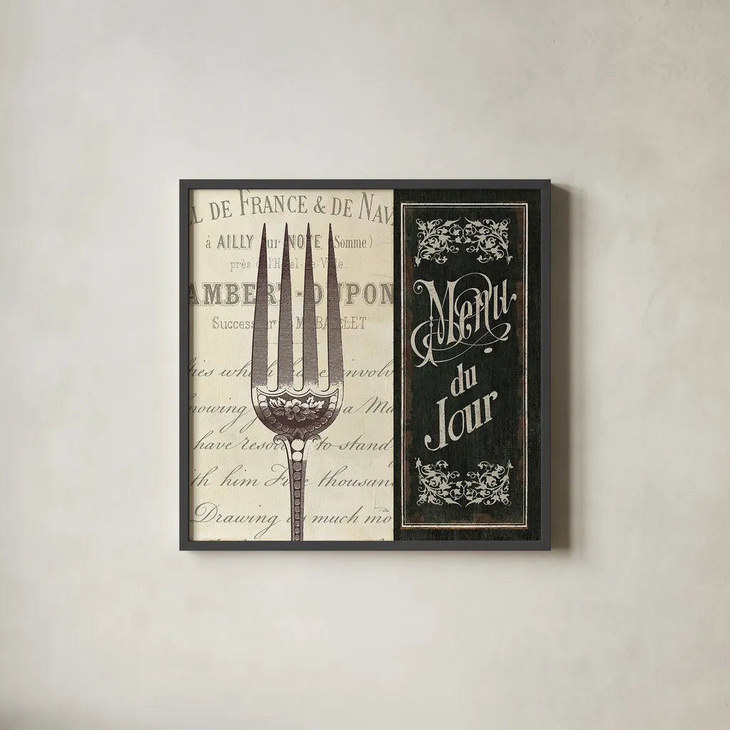 French Menu II by Pela Studio. Shown in a sleek black glass frame for a contemporary gallery look. Available as an archival giclee rolled canvas, fine art paper, or poster print. SKU 6823a.