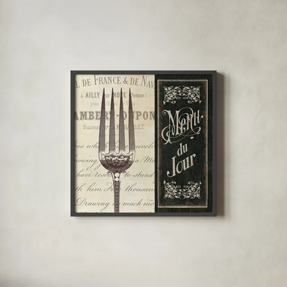 French Menu II by Pela Studio. Shown in a sleek black glass frame for a contemporary gallery look. Available as an archival giclee rolled canvas, fine art paper, or poster print. SKU 6823a.