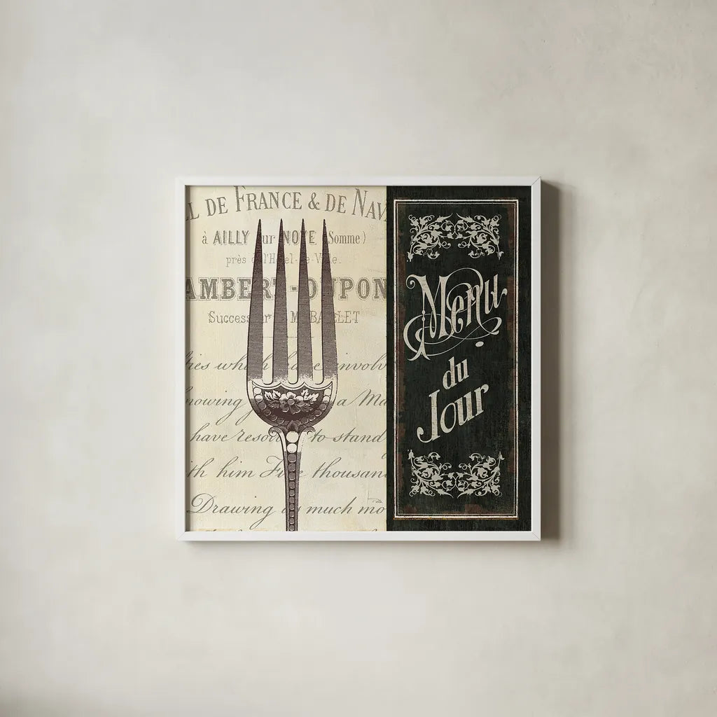 French Menu II by Pela Studio. Shown in a crisp white glass frame for a clean and minimalist style. Available as an archival giclee rolled canvas, fine art paper, or poster print. SKU 6823a.