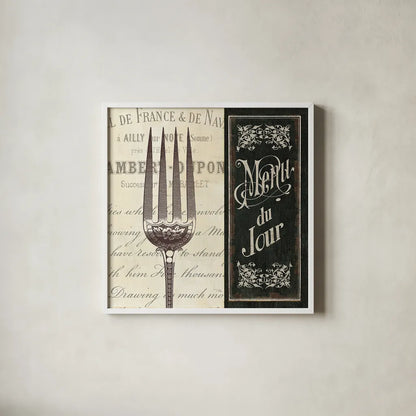 French Menu II by Pela Studio. Shown in a crisp white glass frame for a clean and minimalist style. Available as an archival giclee rolled canvas, fine art paper, or poster print. SKU 6823a.