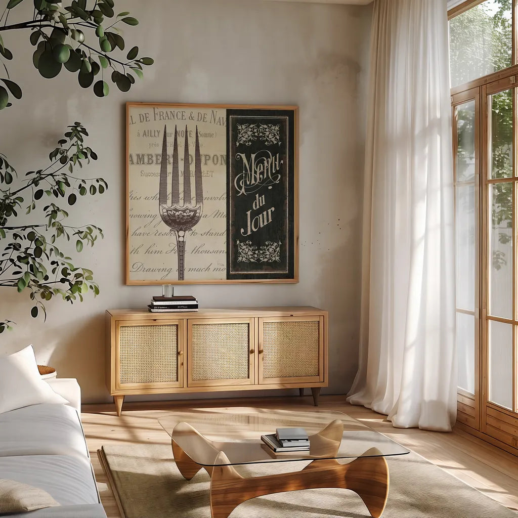 French Menu II by Pela Studio. Shown in a natural wood frame in a cozy modern living room. Available as an archival giclee rolled canvas, fine art paper, or poster print. SKU 6823a.