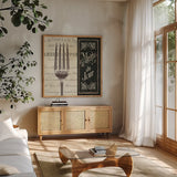 French Menu II by Pela Studio. Shown in a natural wood frame in a cozy modern living room. Available as an archival giclee rolled canvas, fine art paper, or poster print. SKU 6823a.