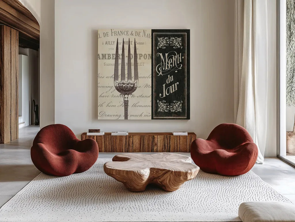 French Menu II by Pela Studio. Shown as extra-large giant wall art in a modern living room. Available as an archival giclee rolled canvas, fine art paper, or poster print. SKU 6823a.