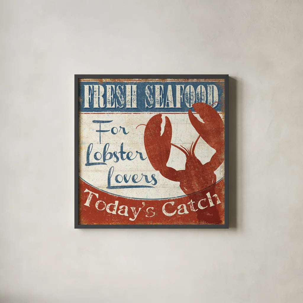 Fresh Seafood I by Pela Studio. Shown in a sleek black glass frame for a contemporary gallery look. Available as an archival giclee rolled canvas, fine art paper, or poster print. SKU 11278a.