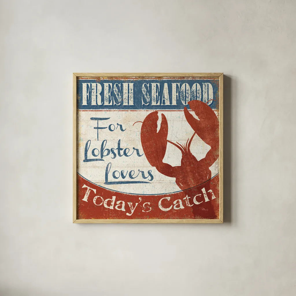 Fresh Seafood I by Pela Studio. Shown in a natural wood glass frame for a timeless modern aesthetic. Available as an archival giclee rolled canvas, fine art paper, or poster print. SKU 11278a.