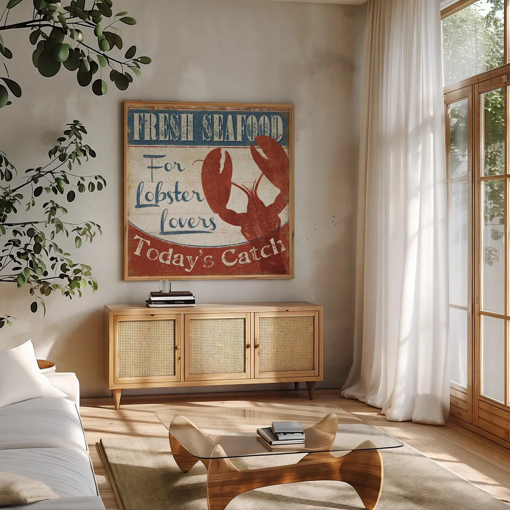 Fresh Seafood I by Pela Studio. Shown in a natural wood frame in a cozy modern living room. Available as an archival giclee rolled canvas, fine art paper, or poster print. SKU 11278a.