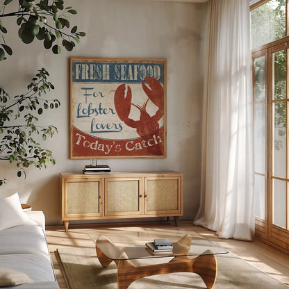 Fresh Seafood I by Pela Studio. Shown in a natural wood frame in a cozy modern living room. Available as an archival giclee rolled canvas, fine art paper, or poster print. SKU 11278a.