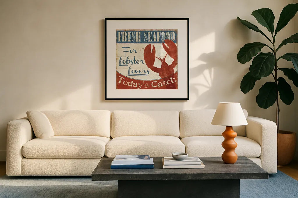 Fresh Seafood I by Pela Studio. Displayed in a glass frame with matte in a clean modern living room. Available as an archival giclee rolled canvas, fine art paper, or poster print. SKU 11278a.