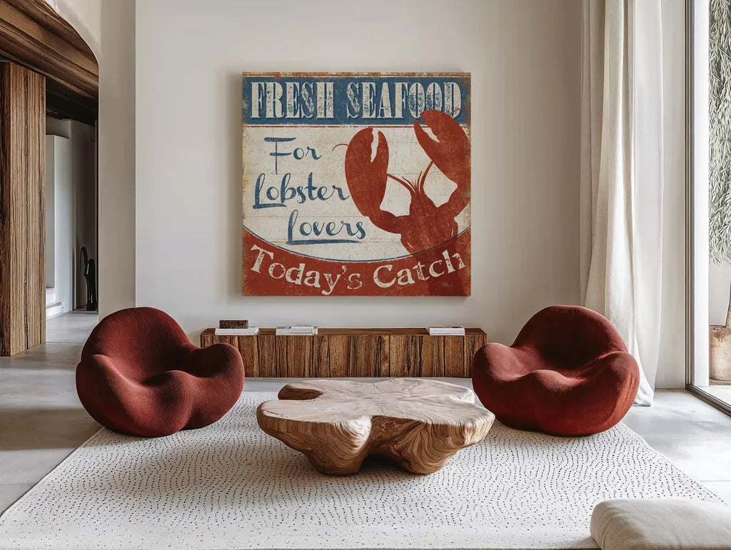 Fresh Seafood I by Pela Studio. Shown as extra-large giant wall art in a modern living room. Available as an archival giclee rolled canvas, fine art paper, or poster print. SKU 11278a.