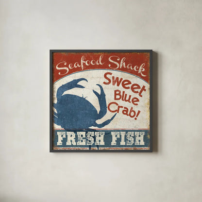 Fresh Seafood II by Pela Studio. Shown in a sleek black glass frame for a contemporary gallery look. Available as an archival giclee rolled canvas, fine art paper, or poster print. SKU 11279a.