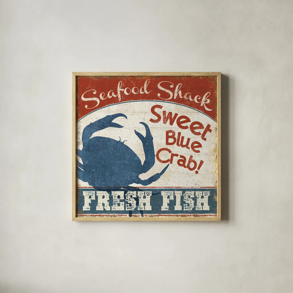 Fresh Seafood II by Pela Studio. Shown in a natural wood glass frame for a timeless modern aesthetic. Available as an archival giclee rolled canvas, fine art paper, or poster print. SKU 11279a.