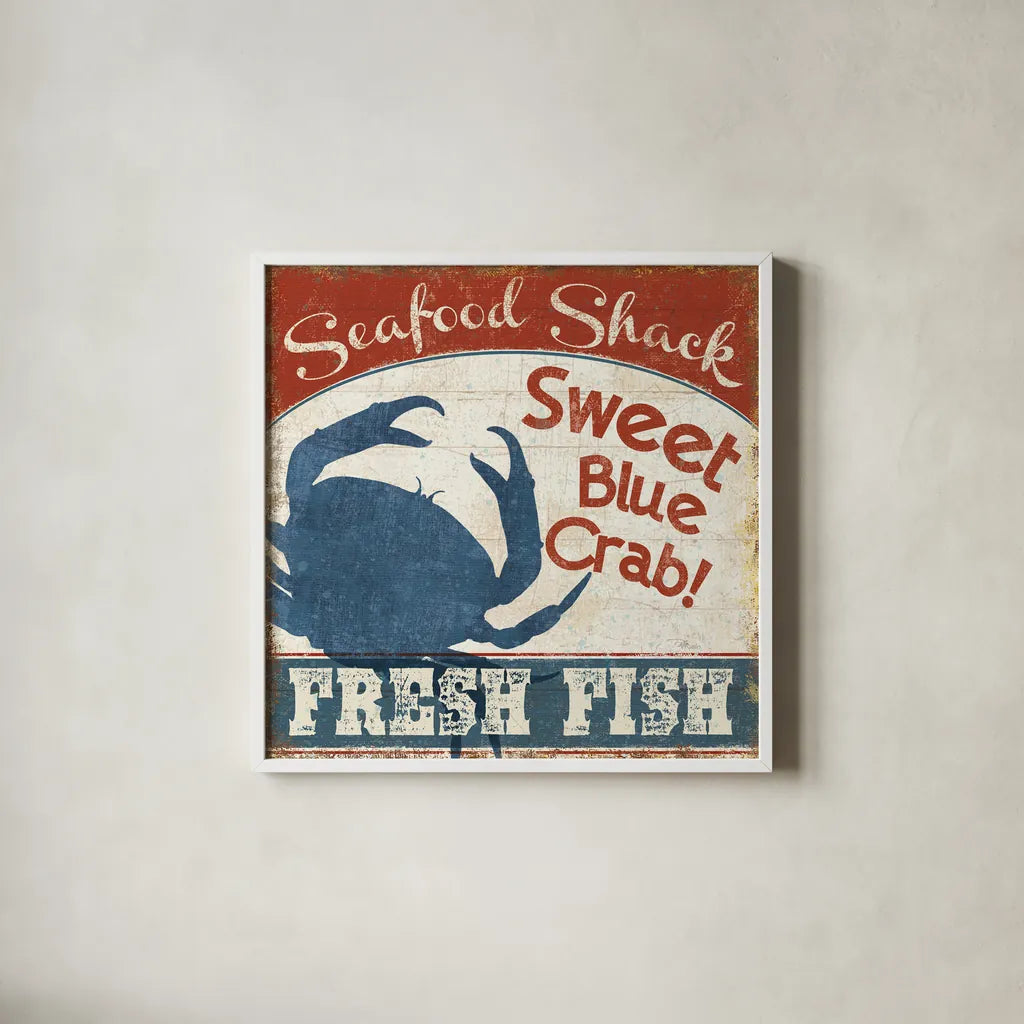 Fresh Seafood II by Pela Studio. Shown in a crisp white glass frame for a clean and minimalist style. Available as an archival giclee rolled canvas, fine art paper, or poster print. SKU 11279a.