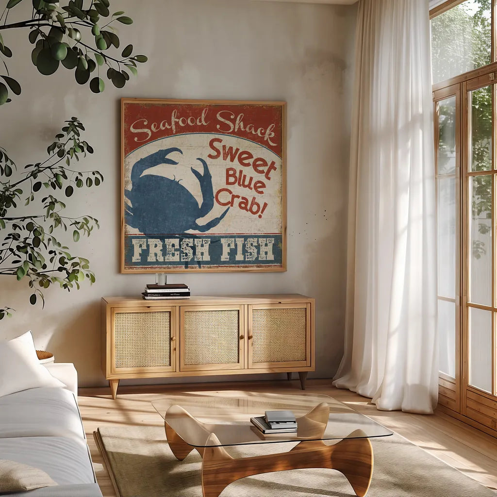 Fresh Seafood II by Pela Studio. Shown in a natural wood frame in a cozy modern living room. Available as an archival giclee rolled canvas, fine art paper, or poster print. SKU 11279a.