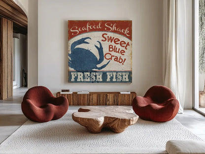 Fresh Seafood II by Pela Studio. Shown as extra-large giant wall art in a modern living room. Available as an archival giclee rolled canvas, fine art paper, or poster print. SKU 11279a.