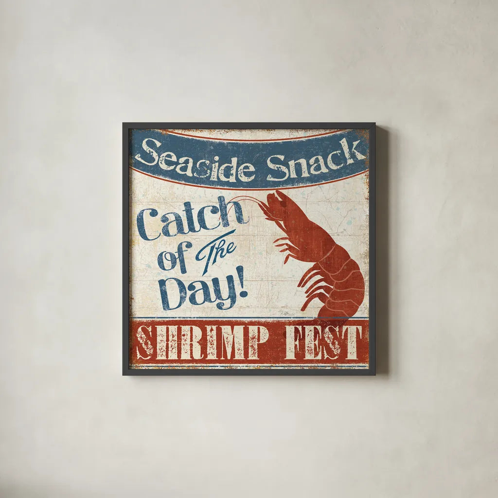 Fresh Seafood III by Pela Studio. Shown in a sleek black glass frame for a contemporary gallery look. Available as an archival giclee rolled canvas, fine art paper, or poster print. SKU 11280a.