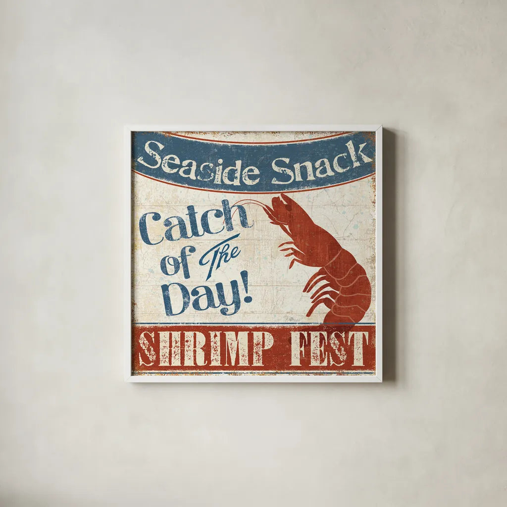 Fresh Seafood III by Pela Studio. Shown in a crisp white glass frame for a clean and minimalist style. Available as an archival giclee rolled canvas, fine art paper, or poster print. SKU 11280a.